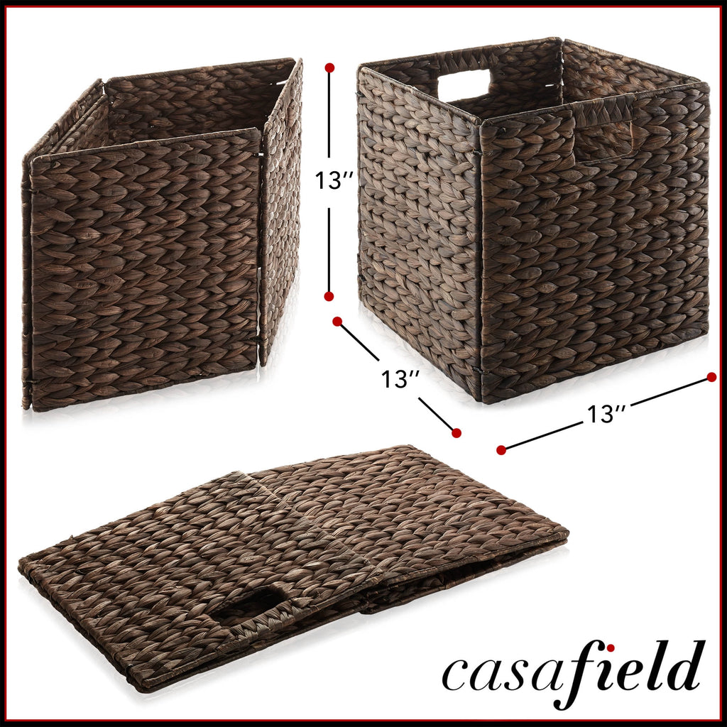 13" x 13" Water Hyacinth Storage Baskets, Natural - Set of 2 Collapsible Cube Organizers, Woven Bins for Bathroom, Bedroom, Laundry, Pantry, Shelves