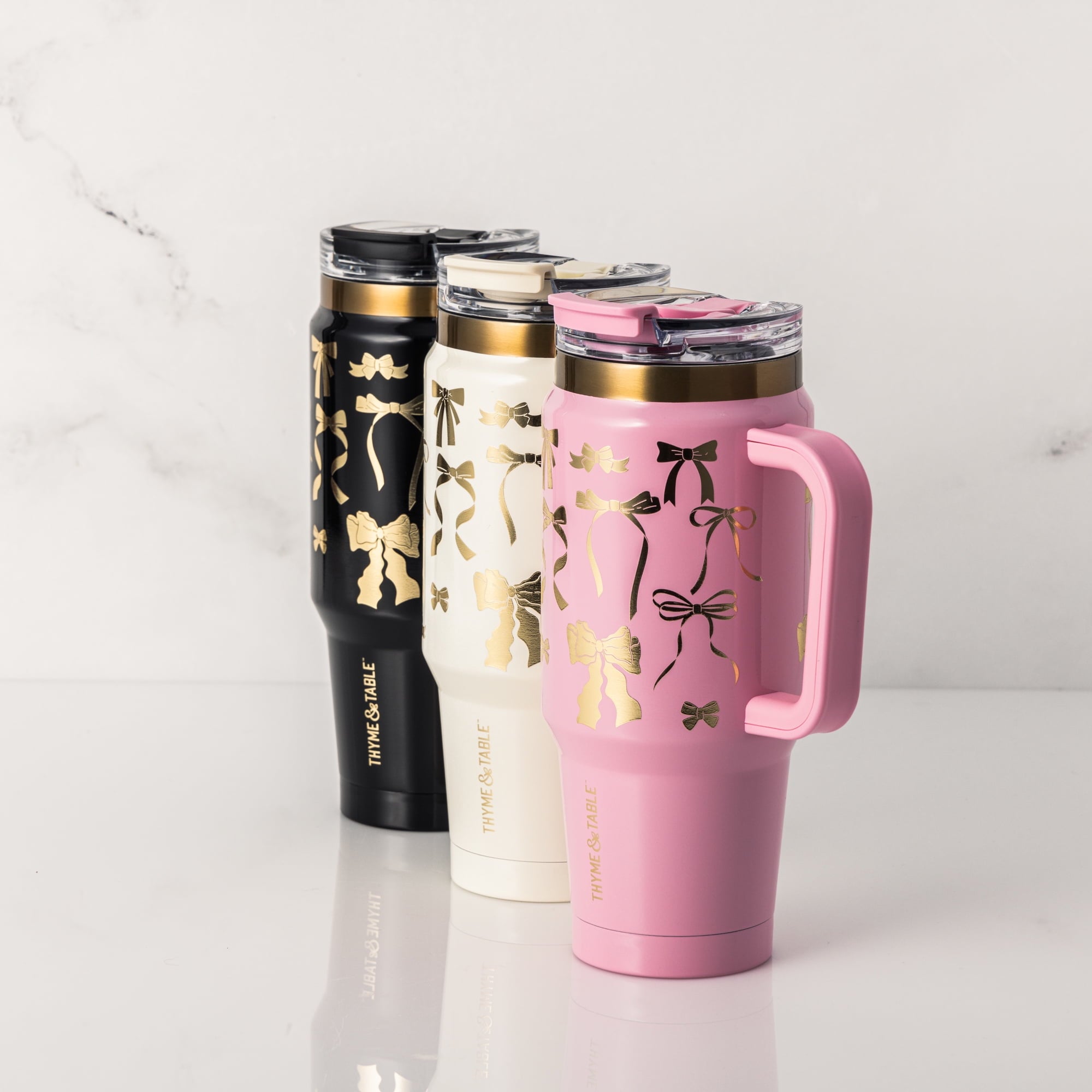 Thyme &amp; Table 32 fl oz Stainless Steel Luna Tumbler with Handle and Dual Straw Lid, Cream &amp; Black Check