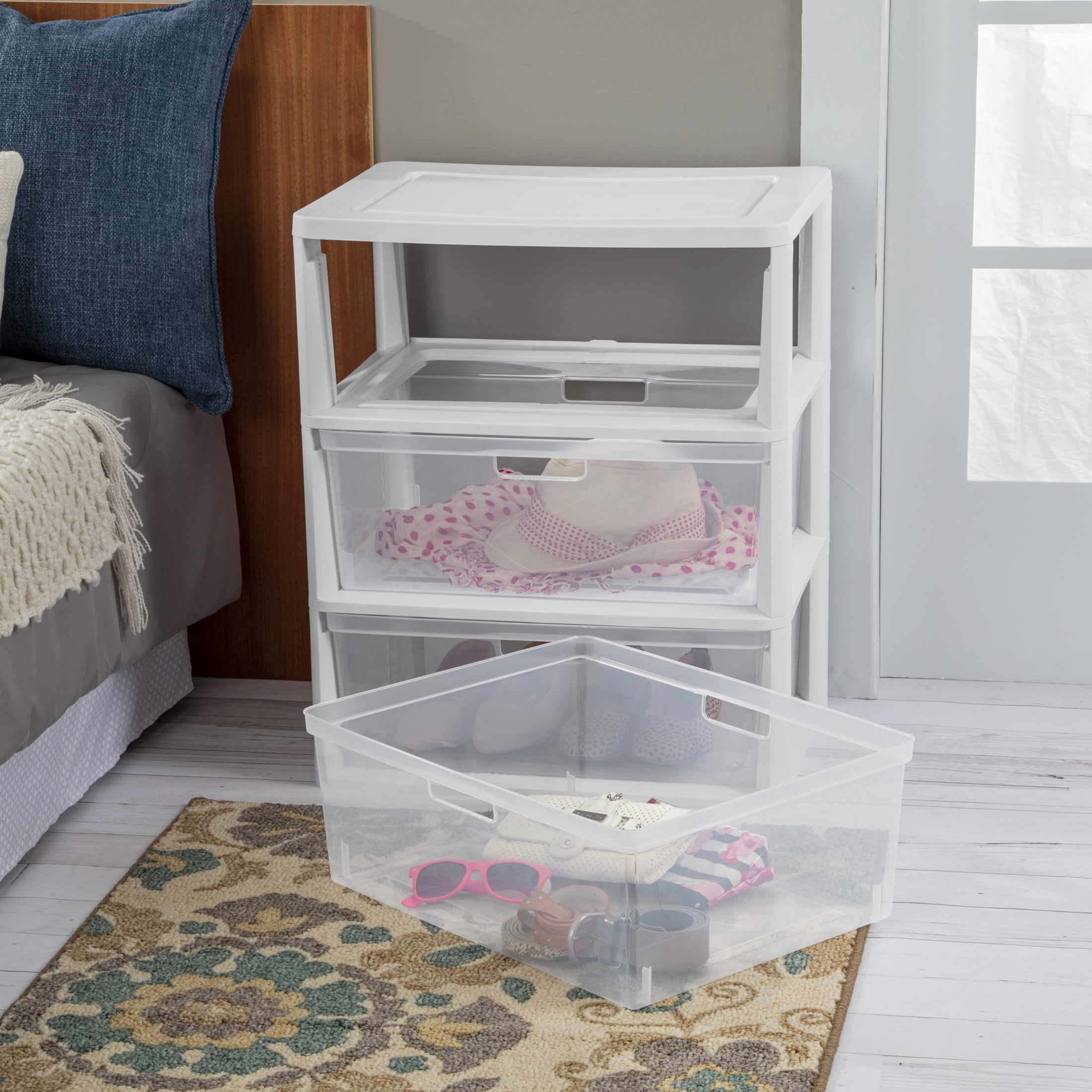 Medium 3 Drawer Tower, with Removable Clear Plastic Storage Bins, Tool-Free, Black