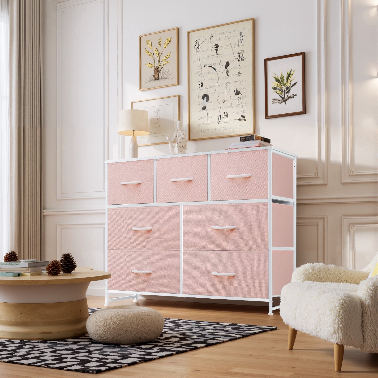 Dresser, Storage Organizer with 7 Drawers for Bedroom, Chest of Drawers with Fabric Bins, Sturdy Metal Frame, Wood Tabletop for Guest Room, Closet, Entryway, Nursery, Black