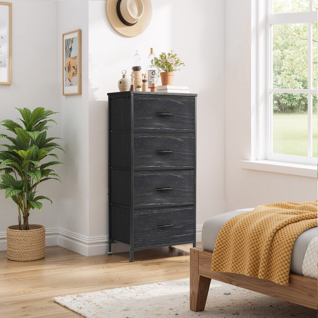 Dresser, Storage Organizer with 4 Drawers for Bedroom, Nightstands with Sturdy Metal Frame, Wood Tabletop for LivingRoom, Entryway,Black
