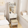 Small Vanity Desk with Mirror and Lights, Makeup Vanity Table with Charging Station, Drawers, Shelves, Foldable Side Table, Compact Dressing Table with Storage Chair for Small Space (White)