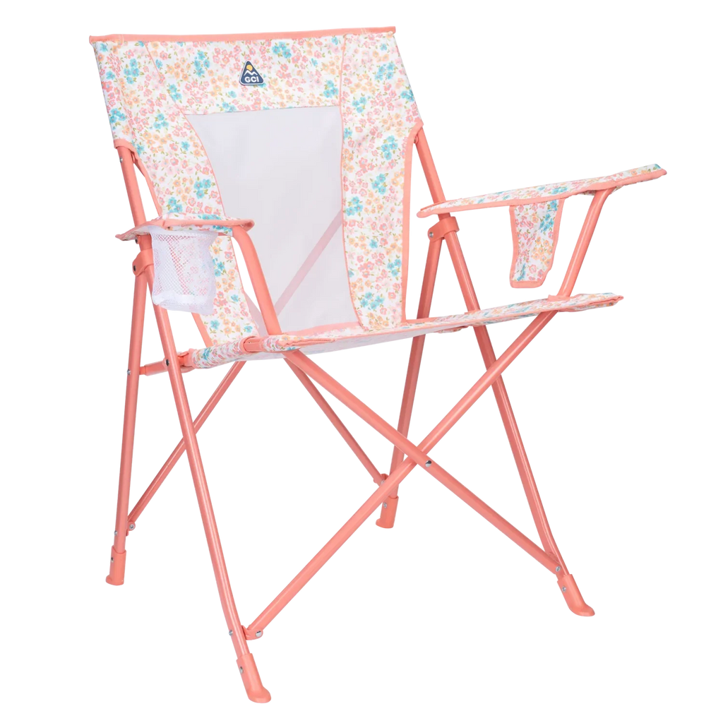 Front right angle of the Comfort Quad Chair in coral sundress print.
