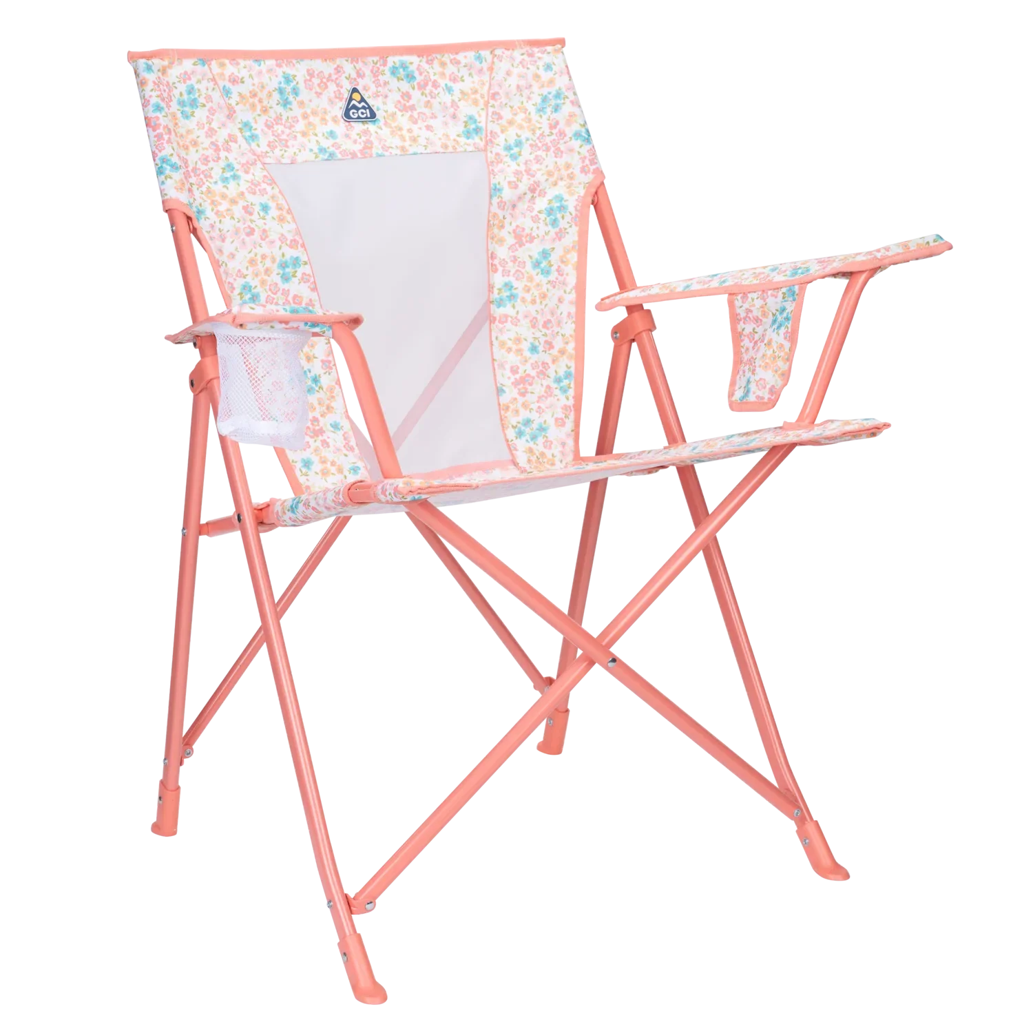 Front right angle of the Comfort Quad Chair in coral sundress print.