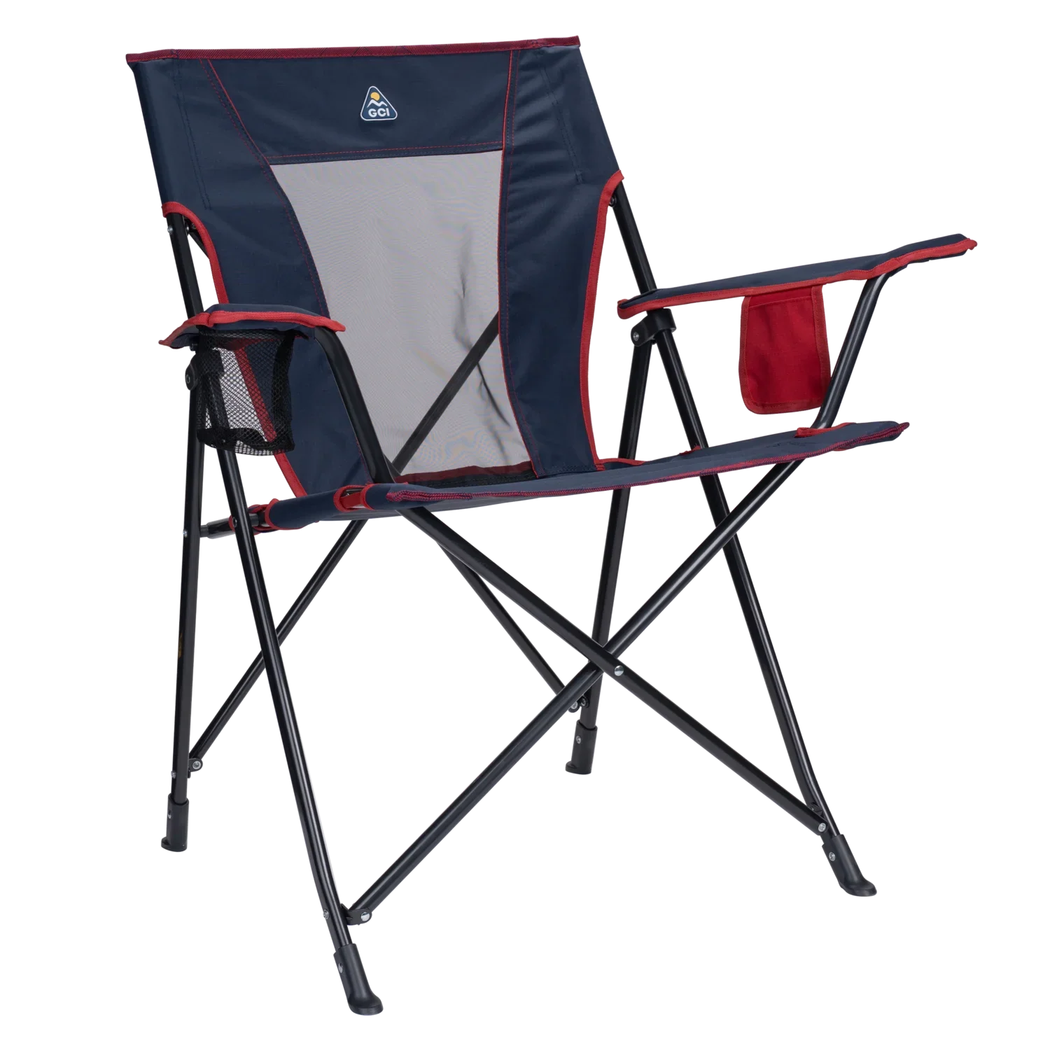 The front right angle of the indigo/red Comfort Quad Chair. 