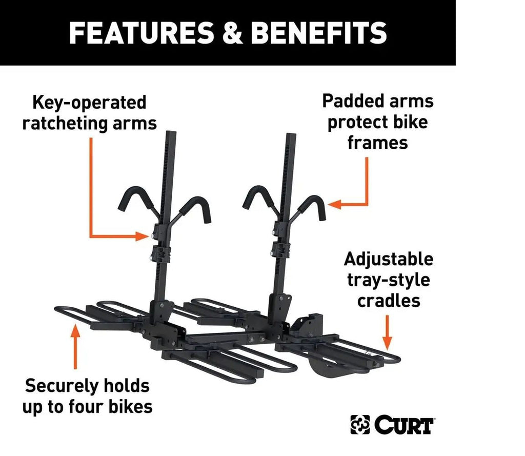 CURT 18087 Tray-Style Hitch-Mounted Bike Rack (4-Bike, 2-in Shank)