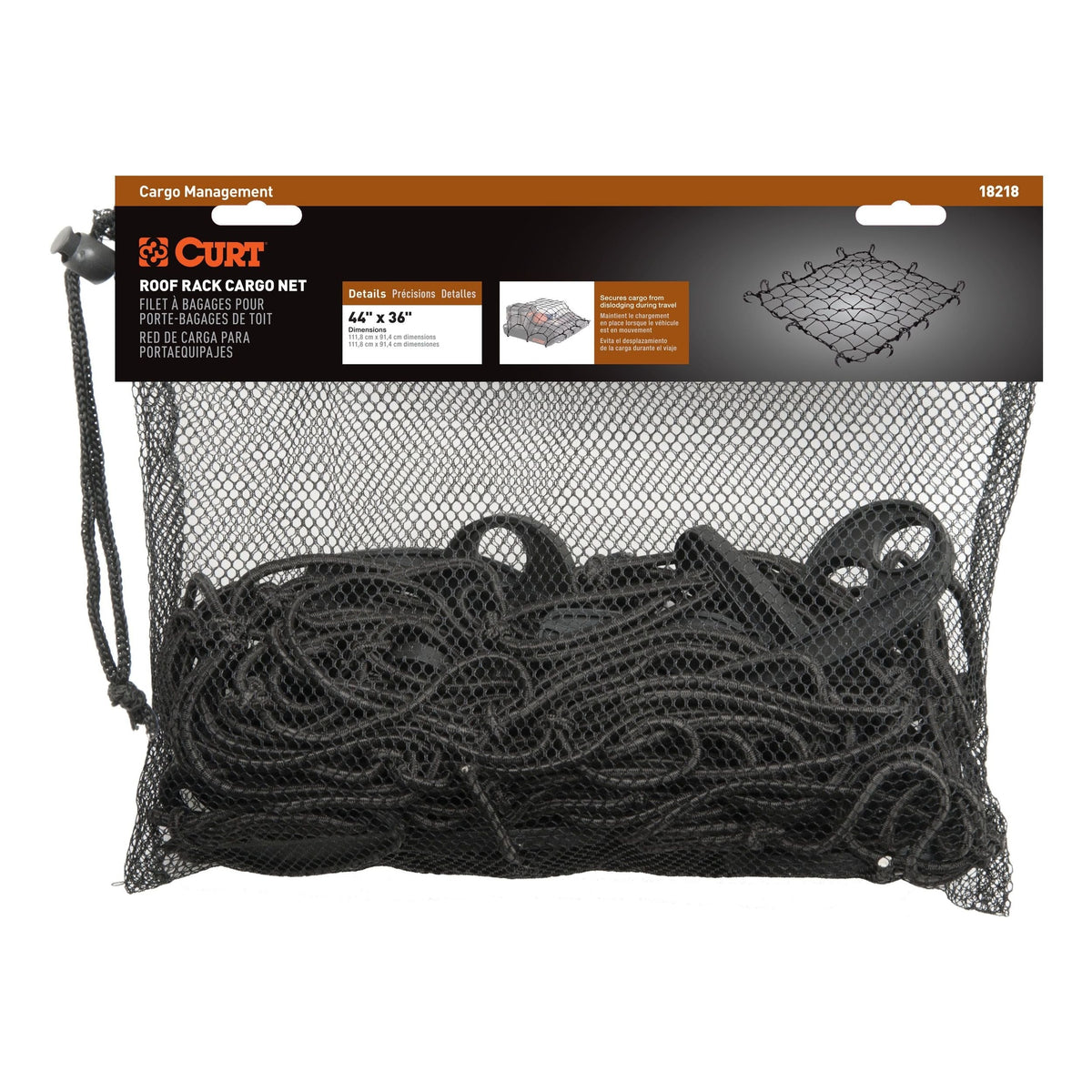 CURT 18218 Elastic Cargo Net with Hooks for Roof Basket, 44 x 36-in