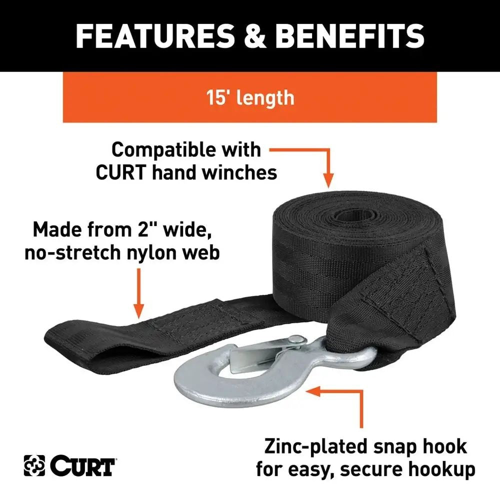 CURT 29450 15-ft Winch Strap with Snap Hook (1,100-lb)