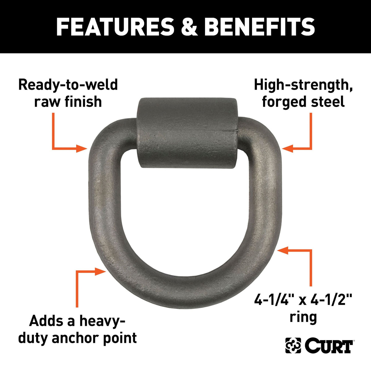 CURT 83760 3 x 3-in Weld-On Tie-Down D-Ring (8,833 lbs, Raw Steel)