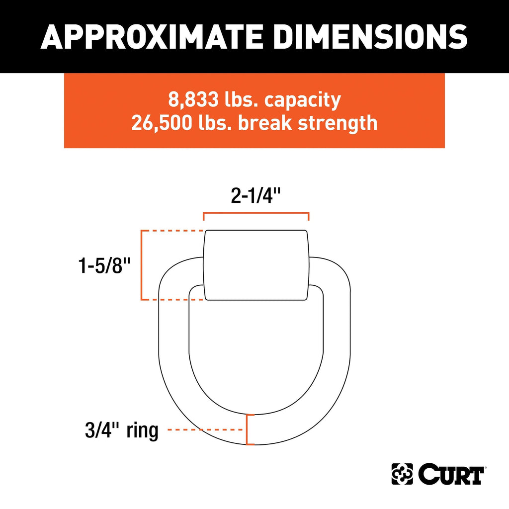 CURT 83760 3 x 3-in Weld-On Tie-Down D-Ring (8,833 lbs, Raw Steel)