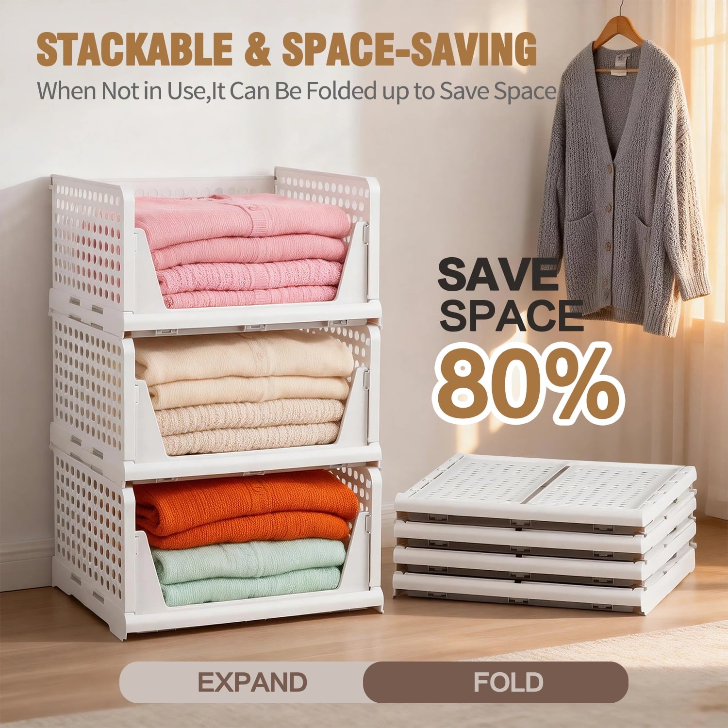 5 Pack Closet Storage Basket, Multifunctional Closet Organizer for Kitchen Bathroom Laundry Room Wardrobe Storage, Clothes Storage Drawer Organizer, White