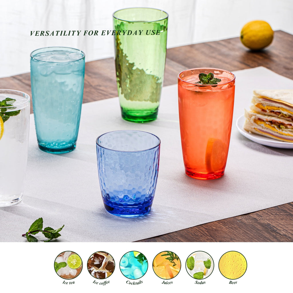 20oz Colorful Acrylic Glasses Drinkware (Set of 6), Hammered Shatter-Proof Plastic Tumblers