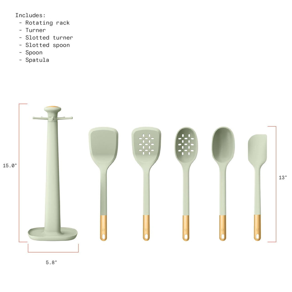 6-Piece Silicone Kitchen Utensil Tool Set with Rotating Rack by Drew Barrymore, Porcini Taupe