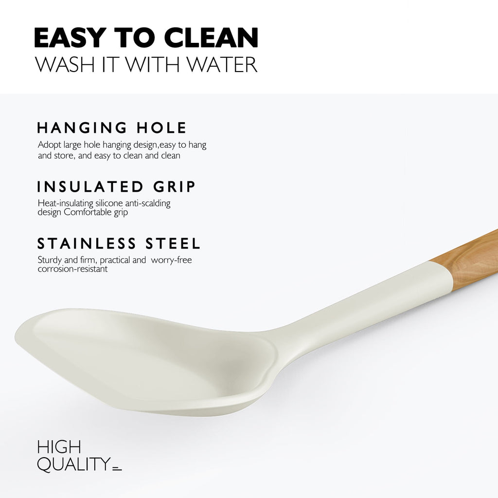 Large Silicone Cooking Utensils - Kitchen Utensil Set with Wooden Handles, Spatula,Turner, Slotted Spoon, Pasta server, Kitchen Gadgets Tools Sets for Non-Stick Cookware (Khaki)