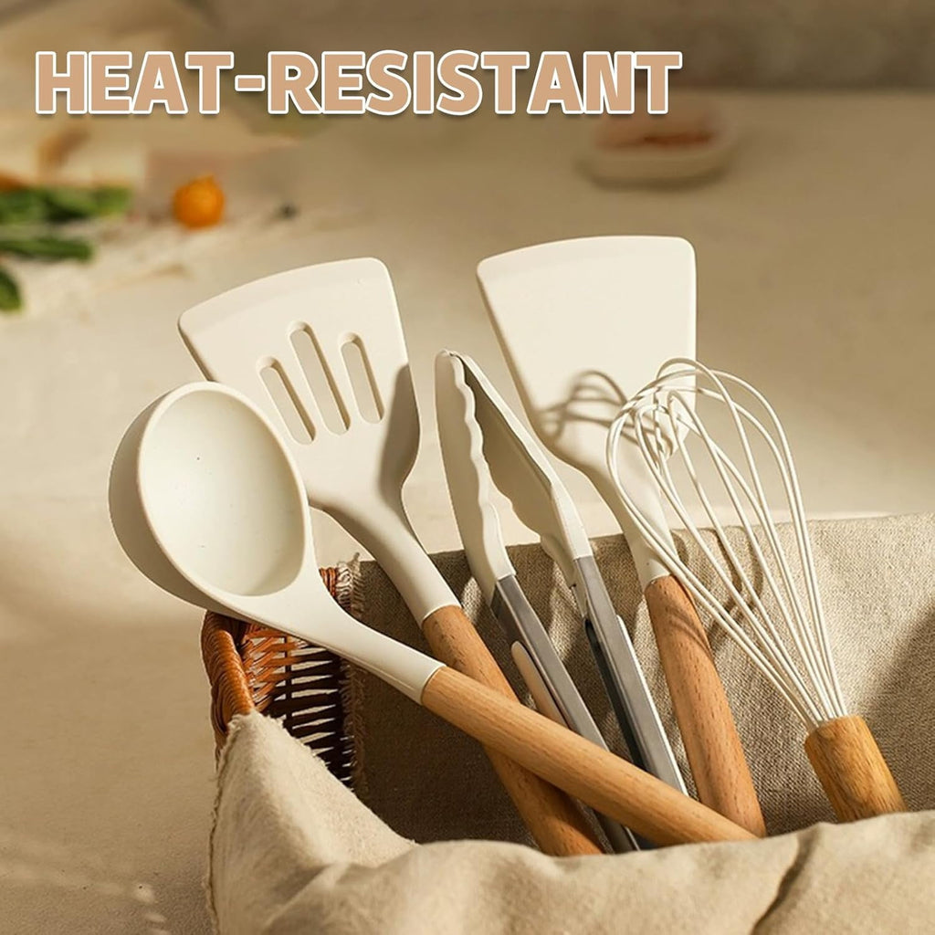 Kitchen Cooking Utensils Set, 33 pcs Non-stick Silicone Cooking Kitchen Utensils Spatula Set with Holder, Wooden Handle Silicone Kitchen Gadgets Utensil Set (Cream White)