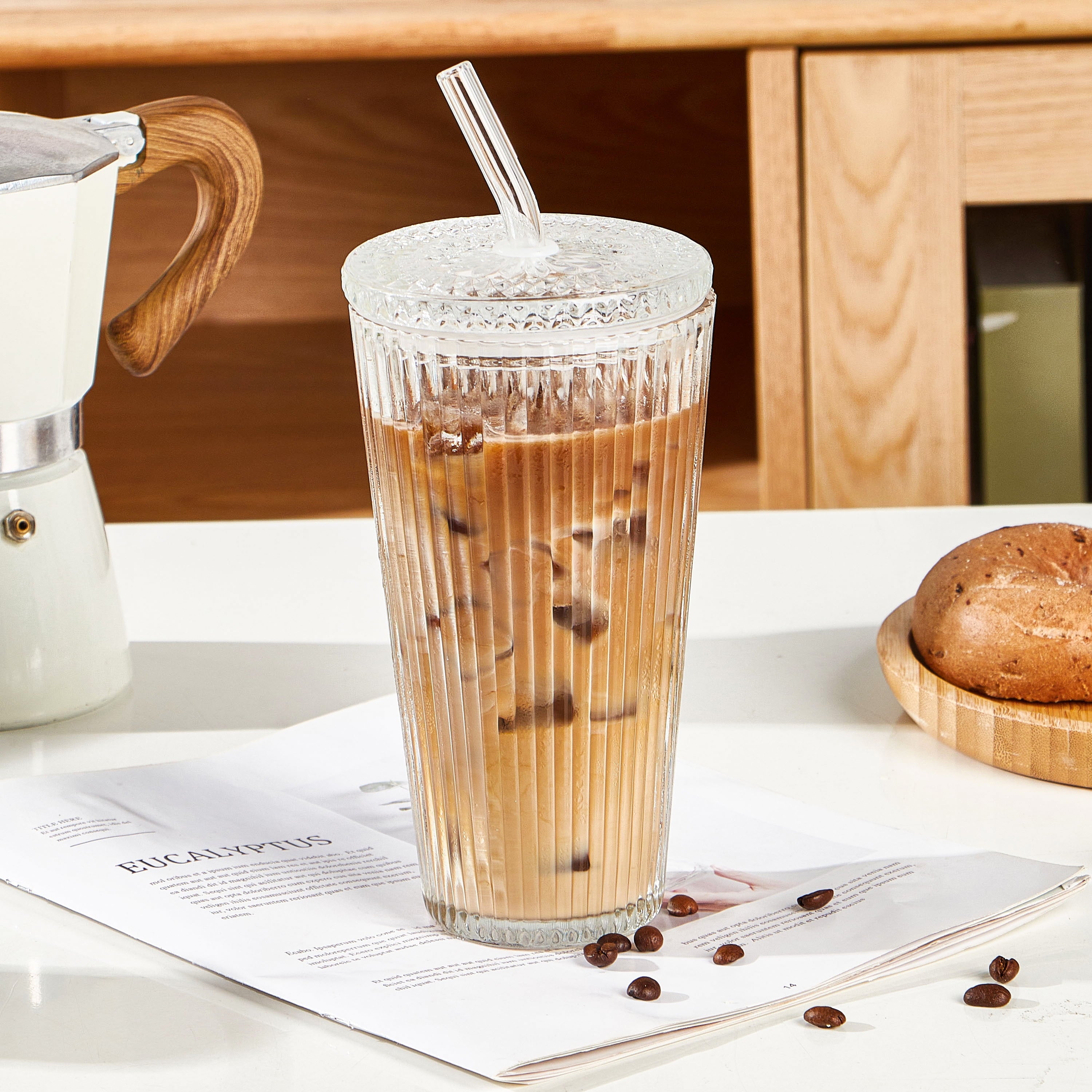 Better Homes &amp; Gardens Glass 21oz Tumbler Ribbed with Glass Lid and Straw