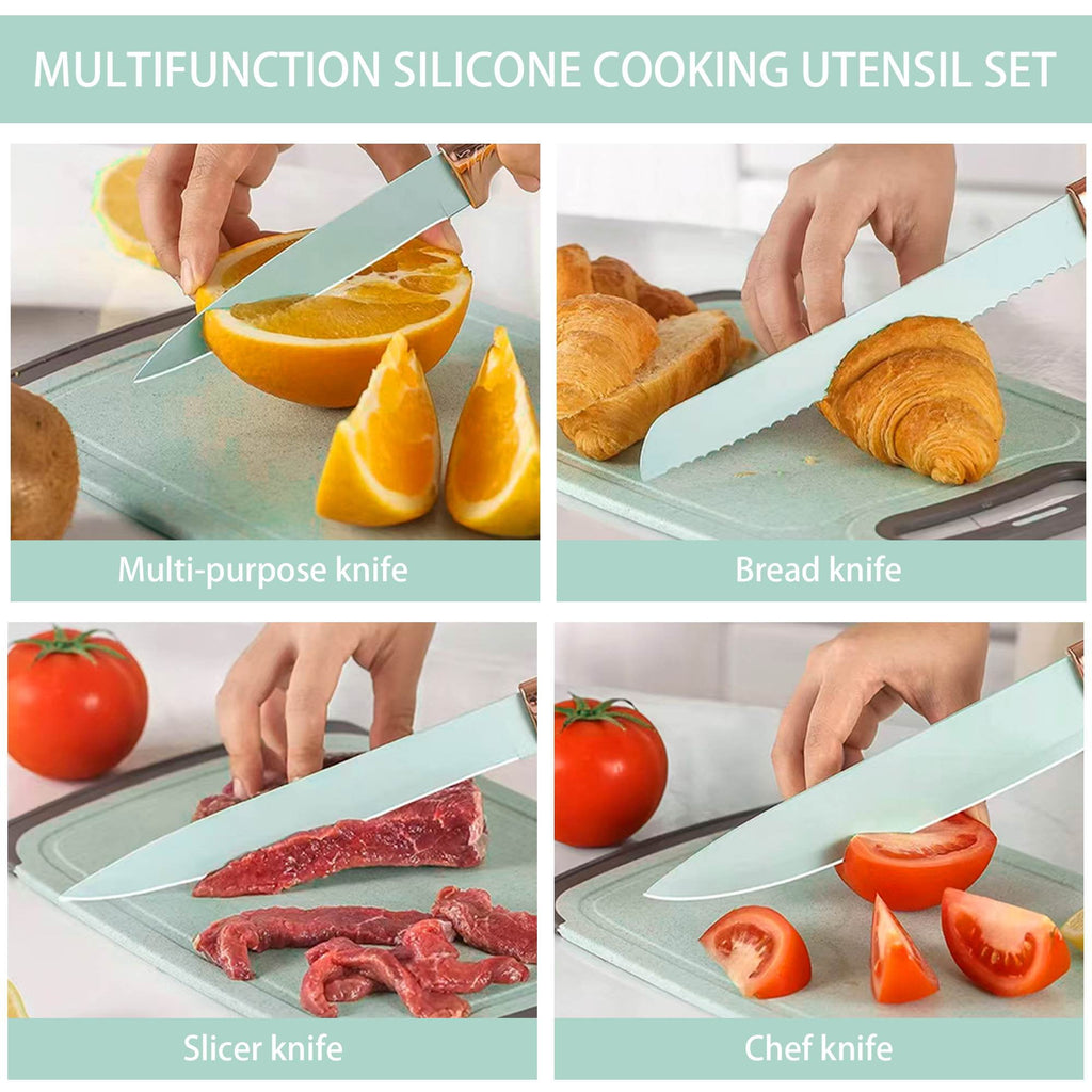 19-Piece Silicone Kitchen Utensil &amp; Knife Set - Heat-Resistant Cooking Tools Non-Stick Safe Gift for Mom or Women Black