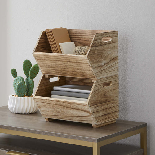 Better Homes &amp; Gardens 2-Piece Set Natural Wood Stacking Open Front Decorative Storage Bins, 11 in x 16.5 in x 10 in