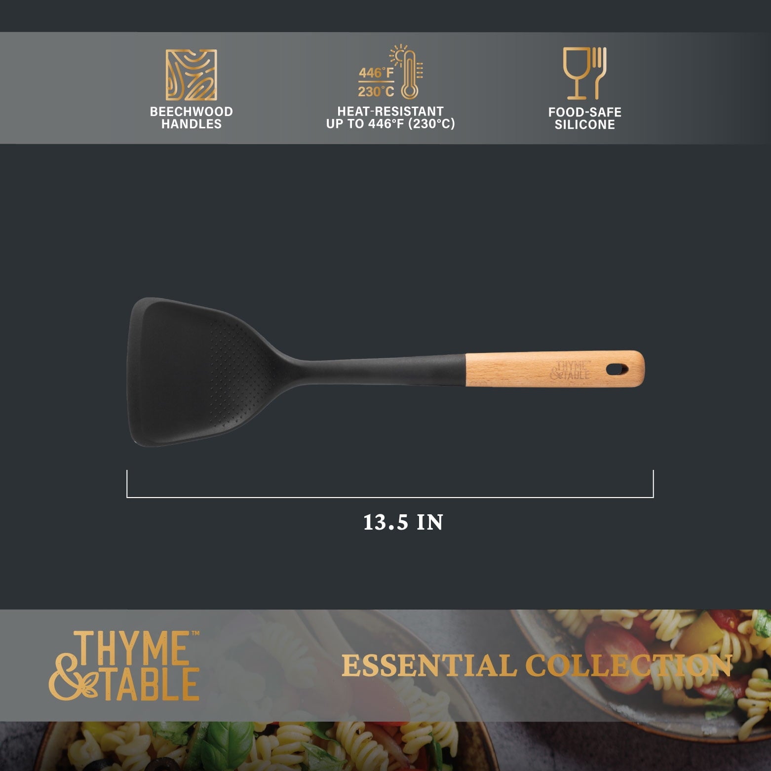 Thyme &amp; Table Food-Safe Silicone Turner with Beechwood Handle, Black