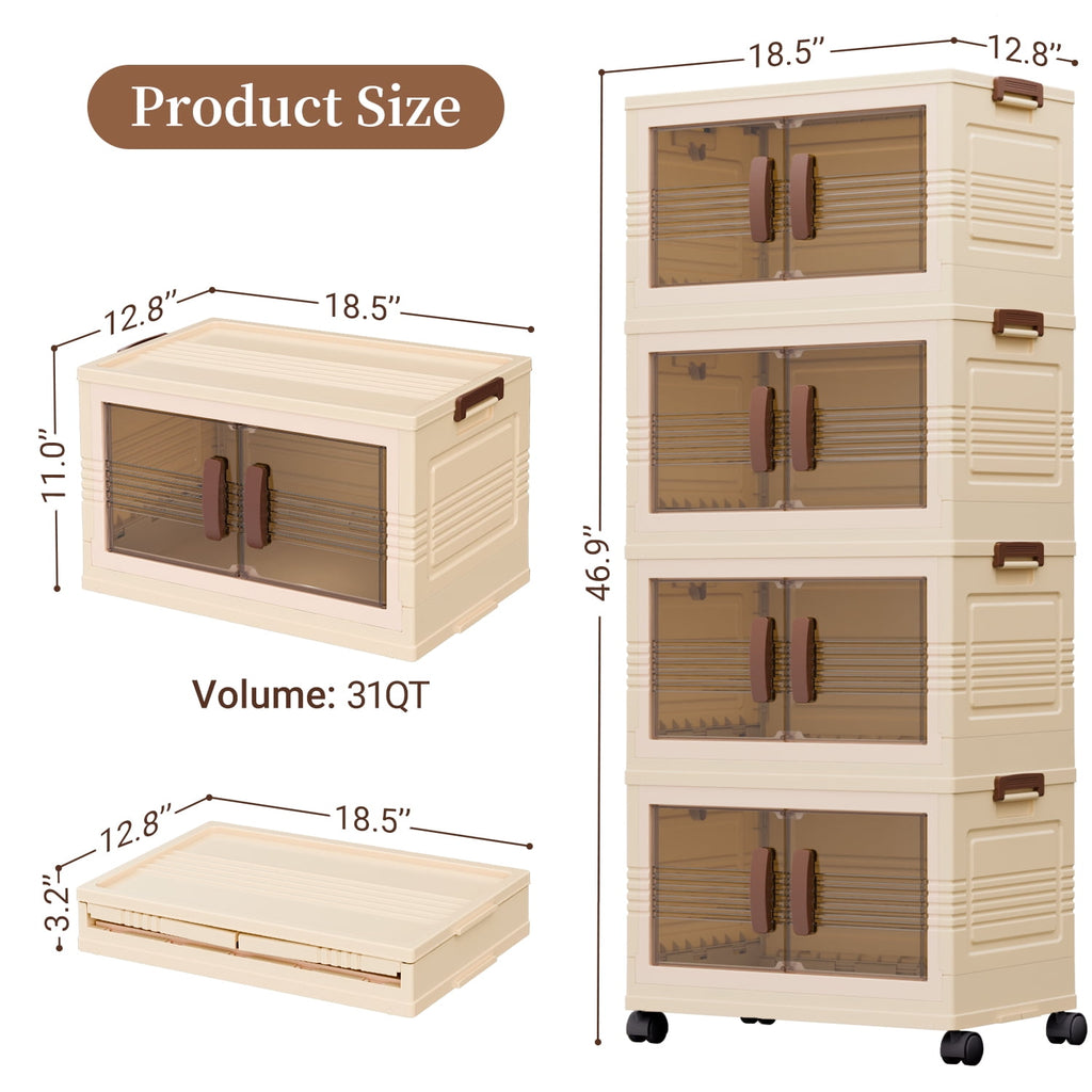Plastic Storage Bins with Lids, 4 Tier 124QT Storage Containers with Wheels, Folding Closet Organizers for Living Room, Office, Dorm