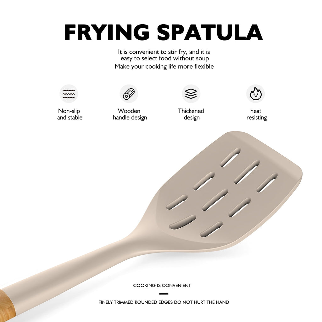 Large Silicone Cooking Utensils - Kitchen Utensil Set with Wooden Handles, Spatula,Turner, Slotted Spoon, Pasta server, Kitchen Gadgets Tools Sets for Non-Stick Cookware (Khaki)