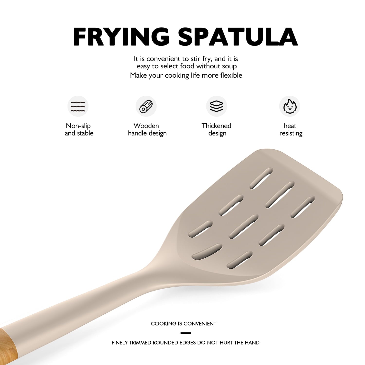 Large Silicone Cooking Utensils - Kitchen Utensil Set with Wooden Handles, Spatula,Turner, Slotted Spoon, Pasta server, Kitchen Gadgets Tools Sets for Non-Stick Cookware (Khaki)