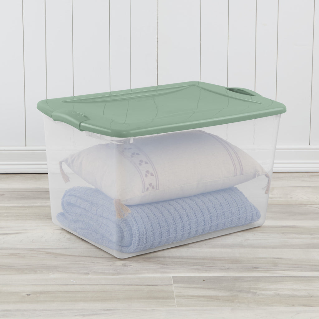 66 Quart Large Latching Storage Bin, Clear Plastic Storage Container with Latch Lid, Blue