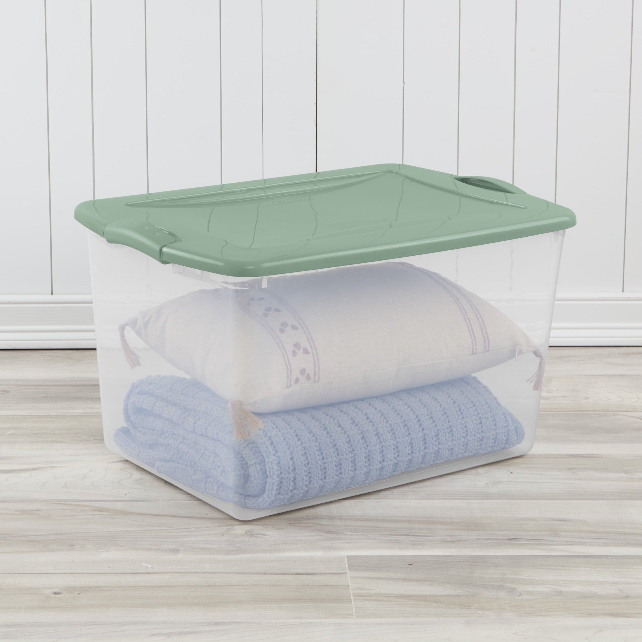 66 Quart Large Latching Storage Bin, Clear Plastic Storage Container with Latch Lid, Blue