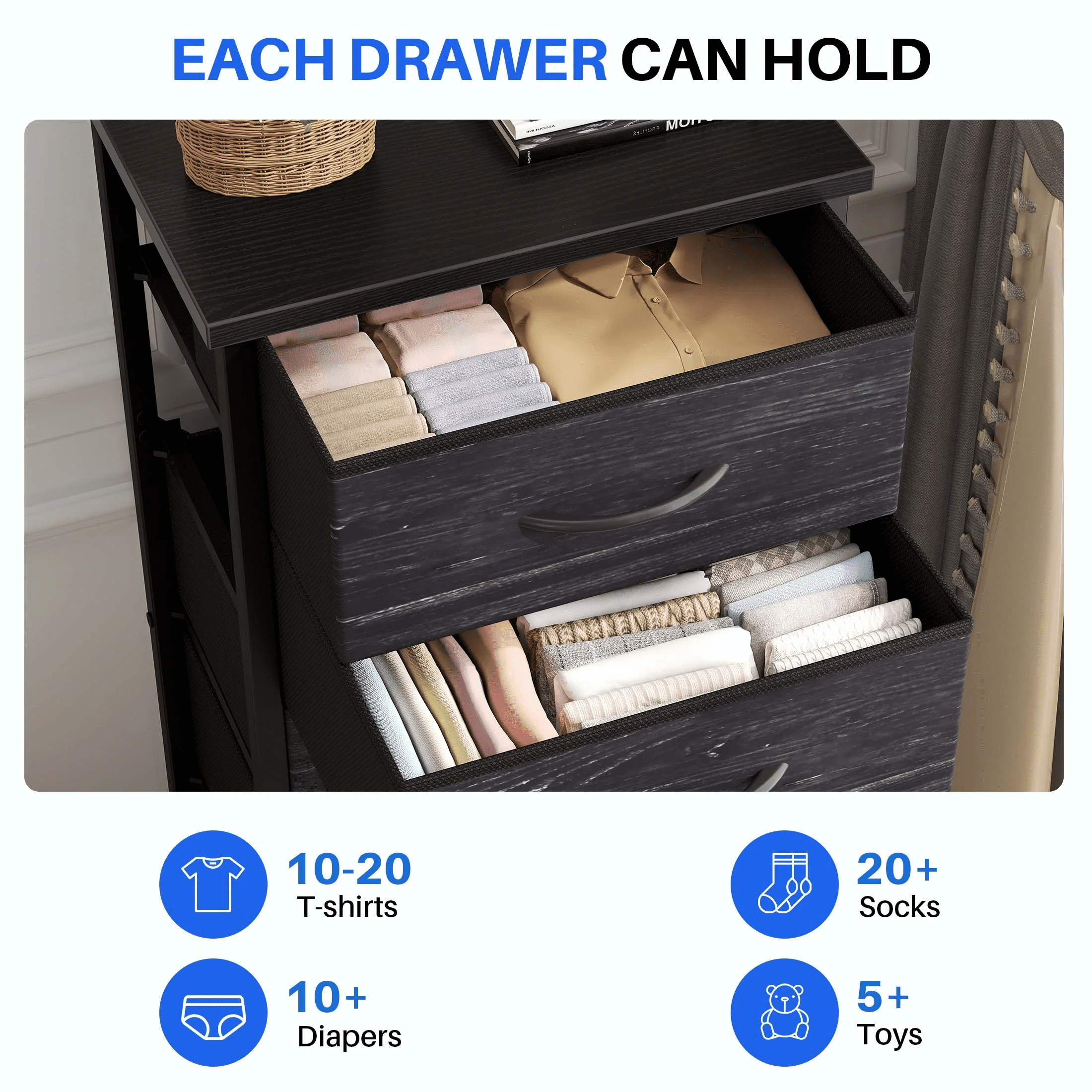5 Fabric Dresser with 5 Storage Drawers, TV Stand with Wooden Top Metal Frame for Clothes, Living Room, Hallway, Entryway, Rust