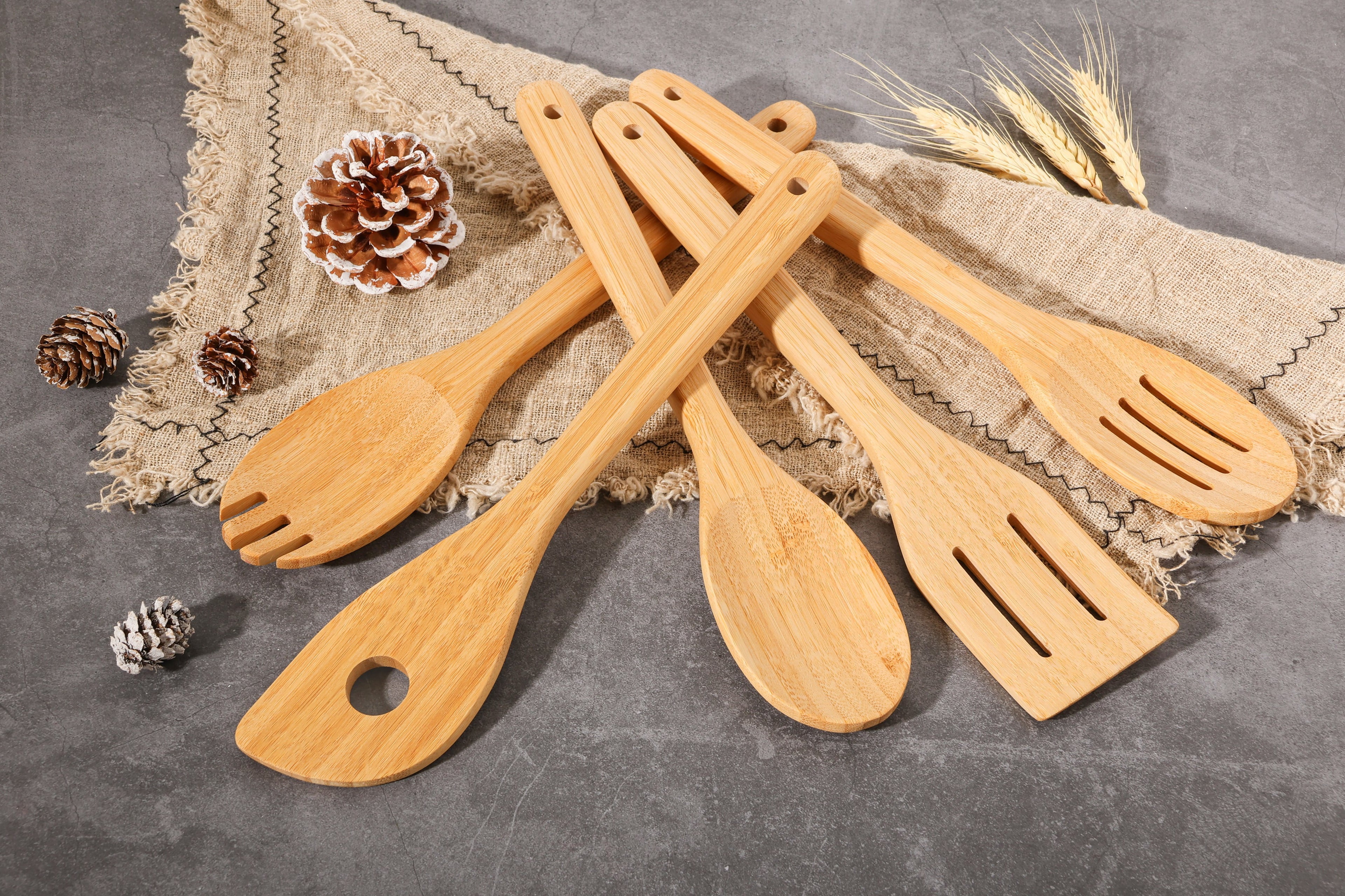 5pk Bamboo Spoons for Cooking, Kitchen Essential Tools Set