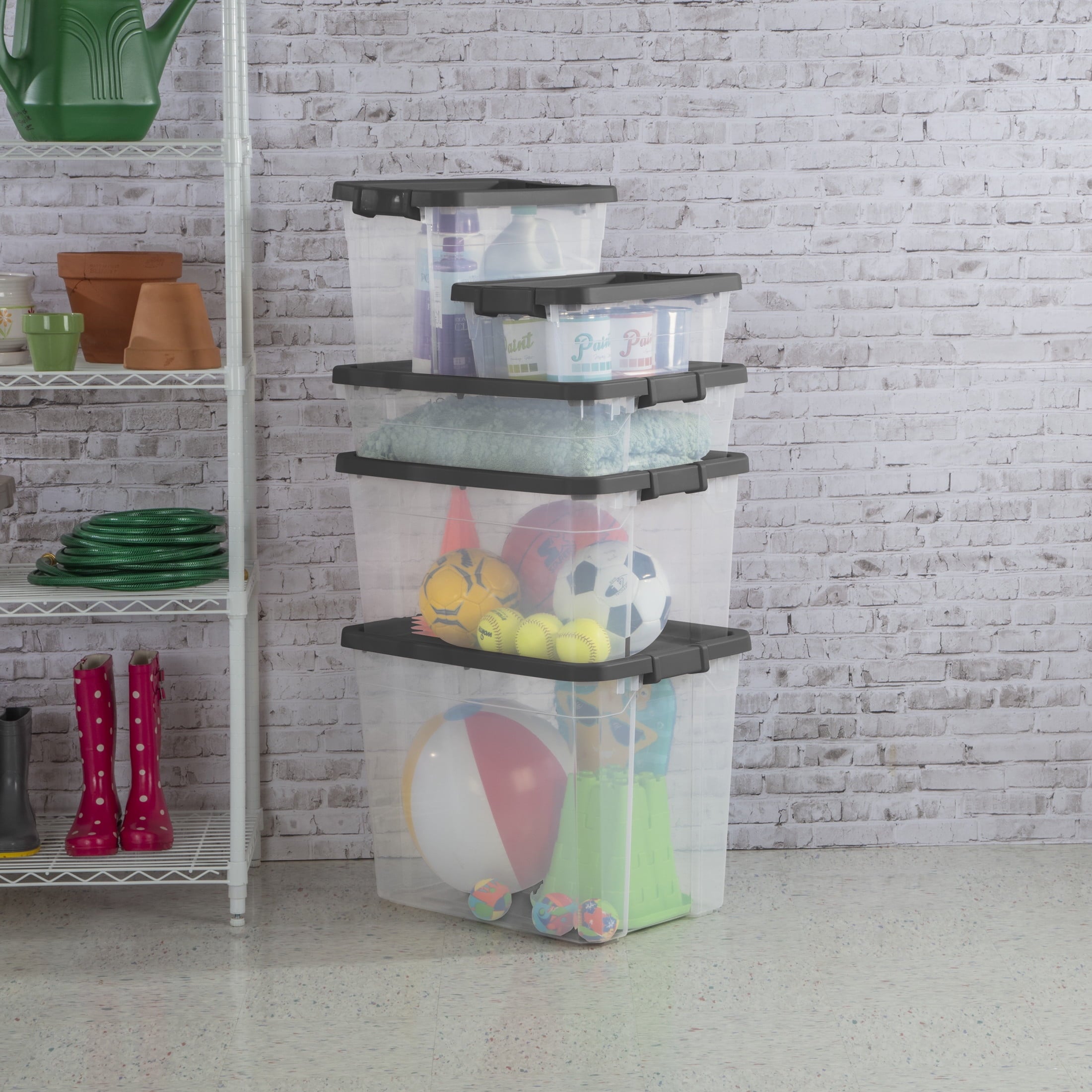 40 Quart Medium Storage Bin, Clear Plastic Underbed Storage Container with Latch Lid, Dark Gray