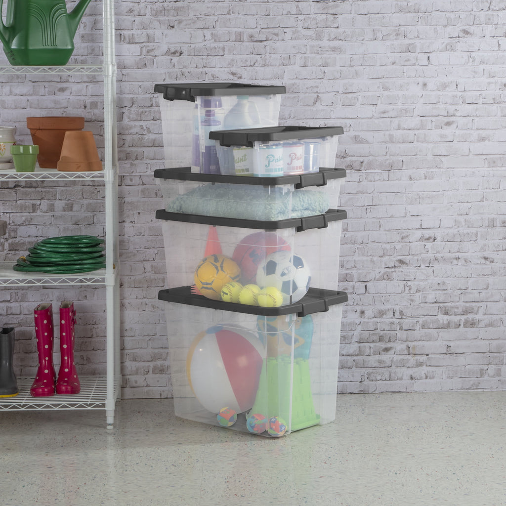 76 Quart Stacker Storage Bin, Clear Plastic Storage Container with Latch Lid, , Dark Gray