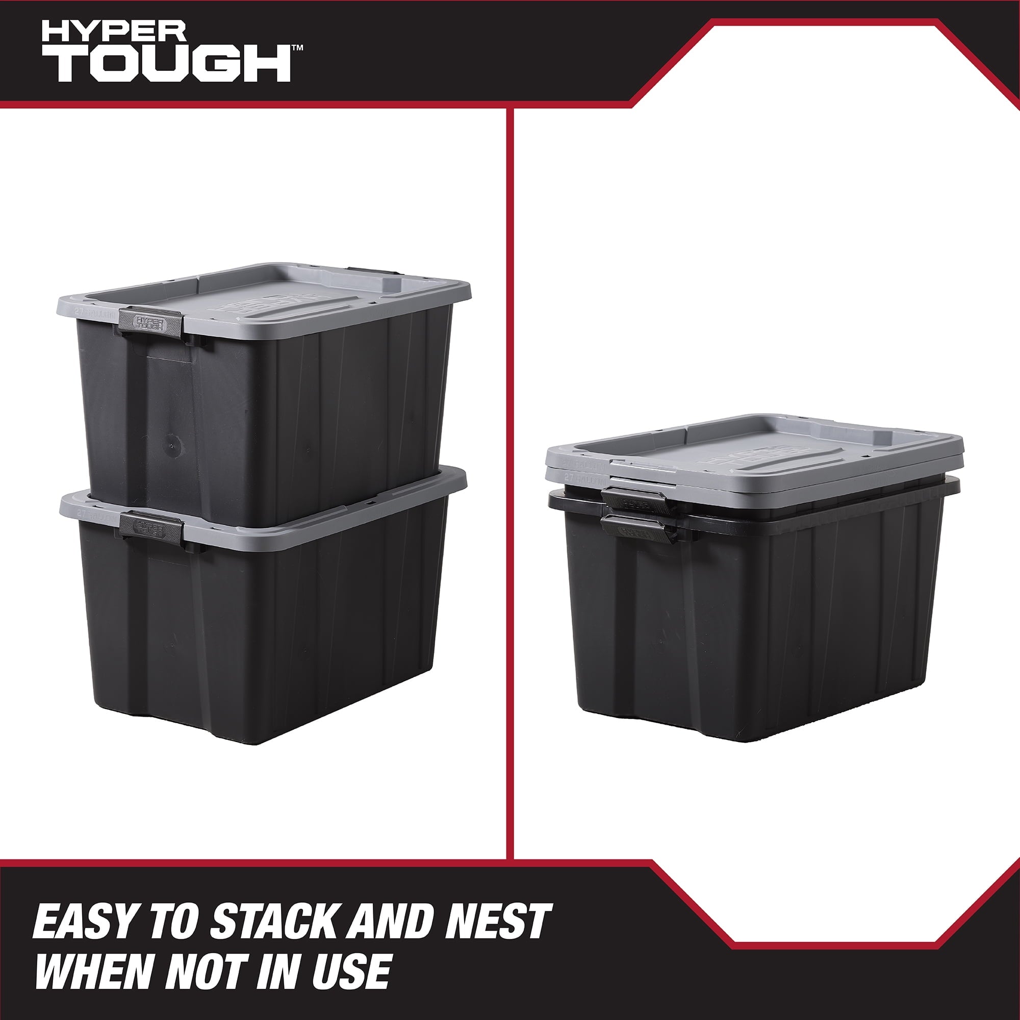 27 Gallon Large Storage Bin with Latch Lid, Heavy Duty Latching Plastic Storage Container, Black and Grey