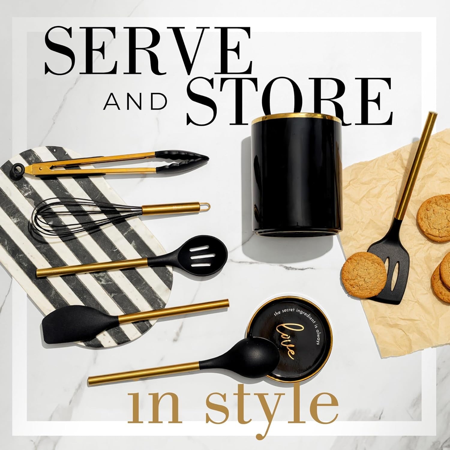 White Silicone and Gold Cooking Utensils Set