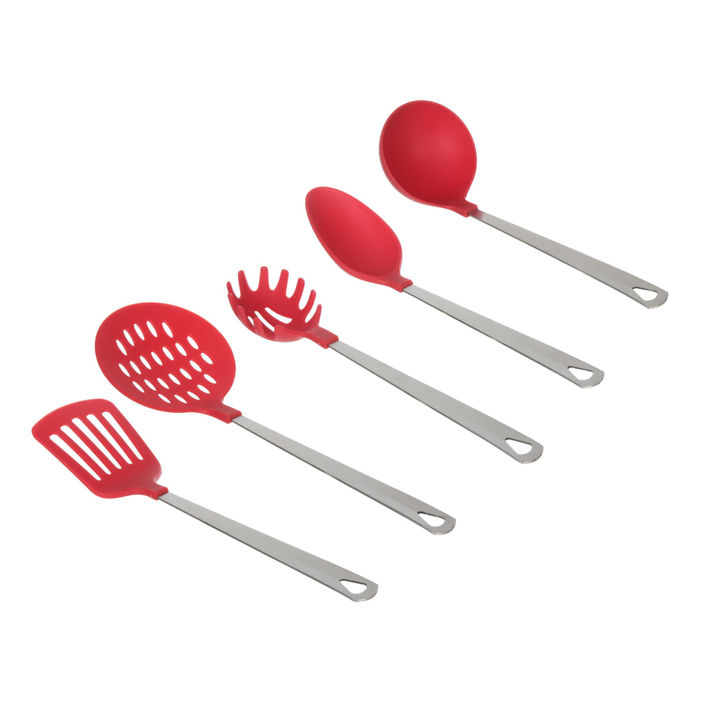 Stainless Steel and Nylon Kitchen and Cooking Utensil Set, Spoon, Spatula, Ladle, Pasta Spoon and Skimmer Assorted Colors