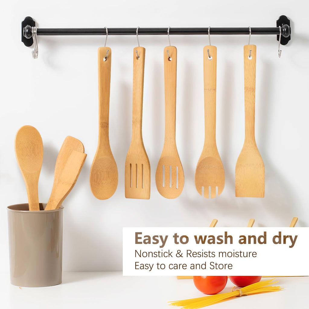 Wooden Spoons for Cooking, 6Pcs Banboo Spatula Spoon Tongs Utensils Set for Kitchen Cookware