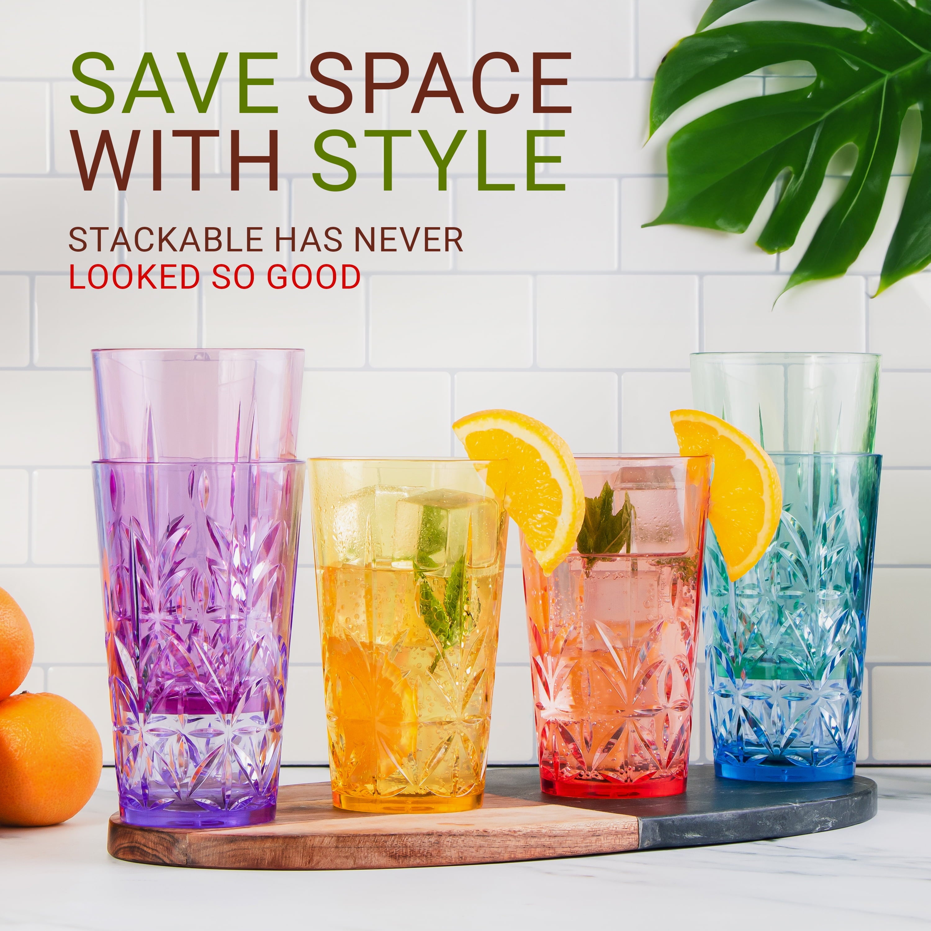 Royal Plastic Drinking Tumbler, Dishwasher-Safe Water Glasses, Mixed Colors Assorted Cups, 18 oz Set of 6