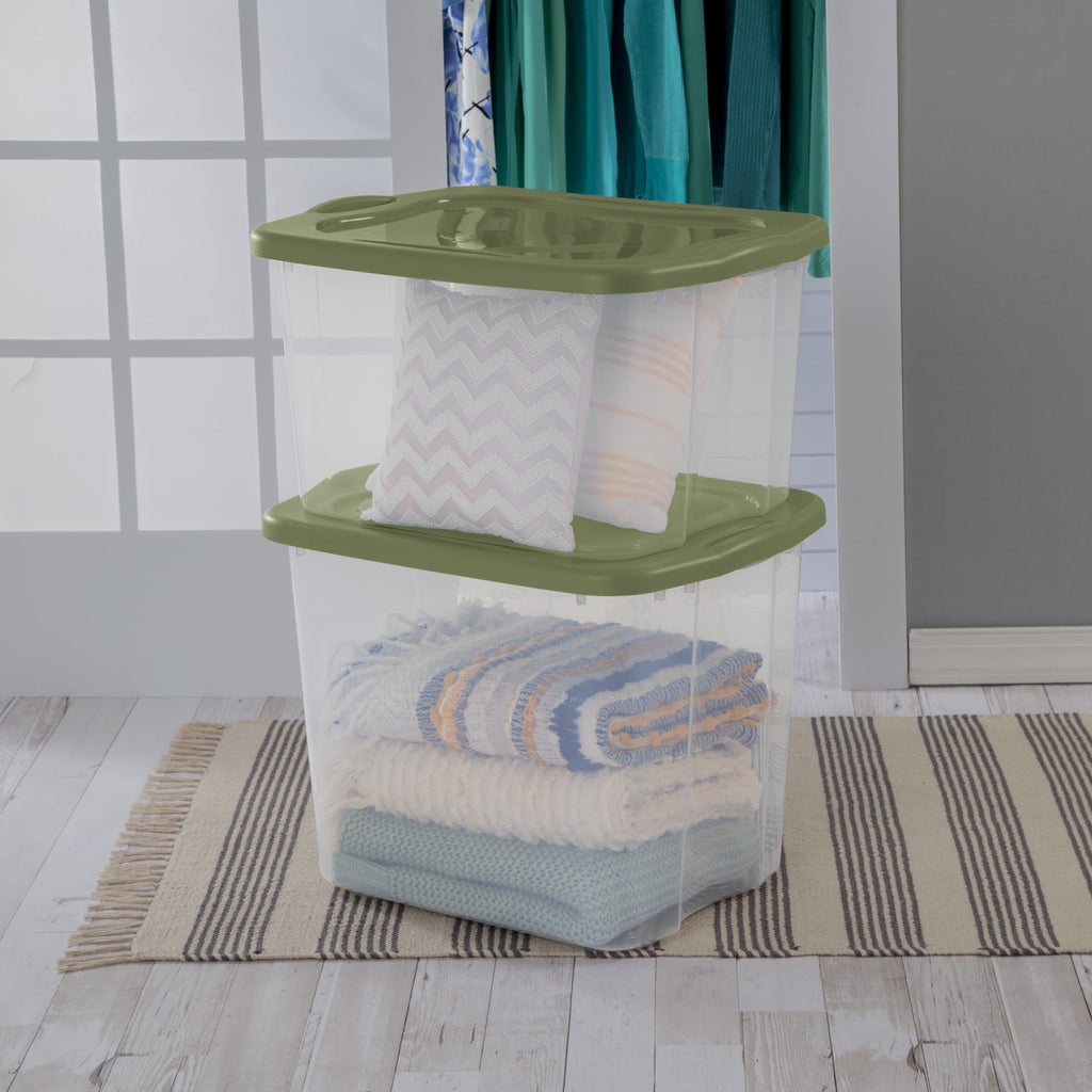 EZ Carry 95 Quart Extra-Large Storage Bin, Clear Plastic Storage Container with Full-Grip Handles, Green
