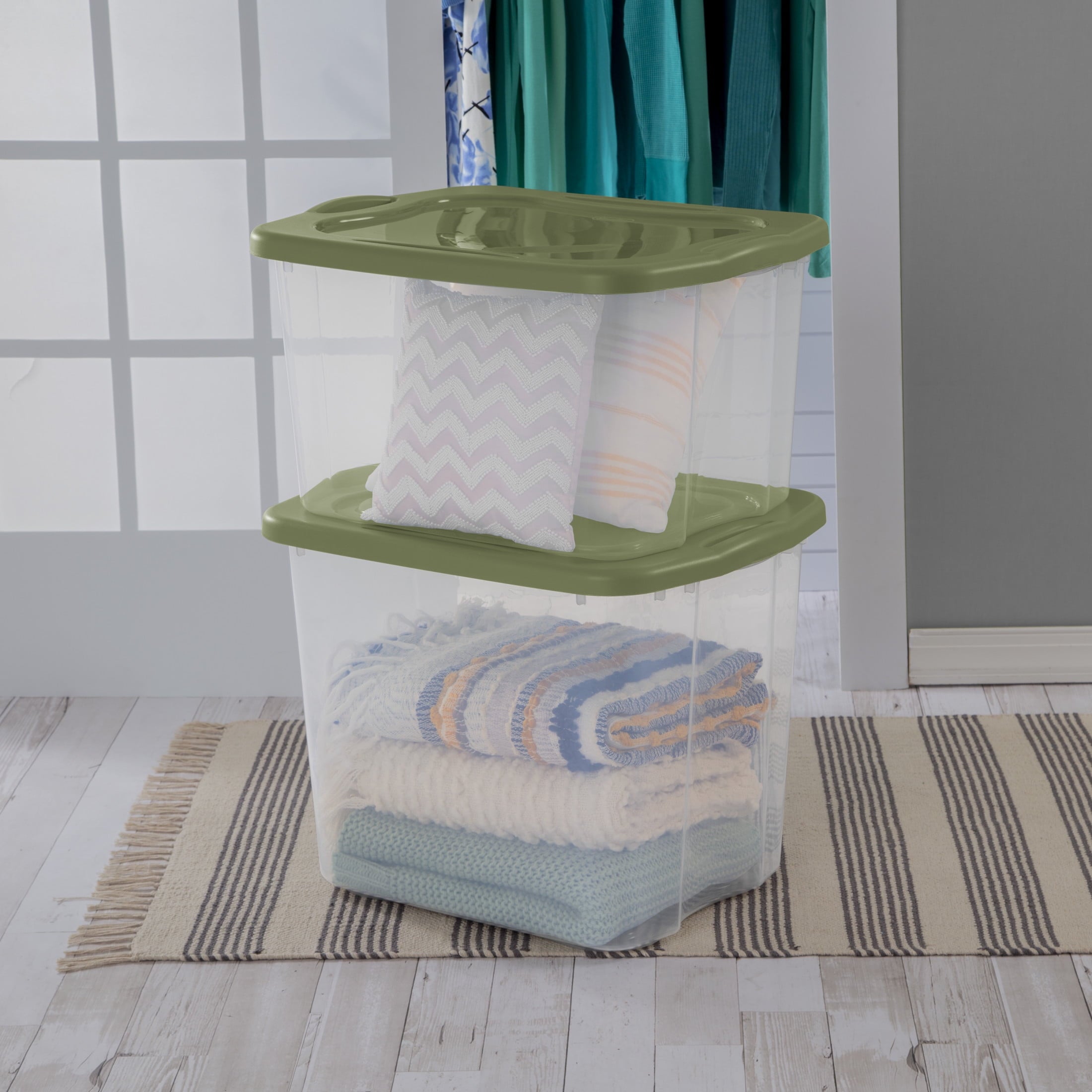 EZ Carry 95 Quart Extra-Large Storage Bin, Clear Plastic Storage Container with Full-Grip Handles, Green