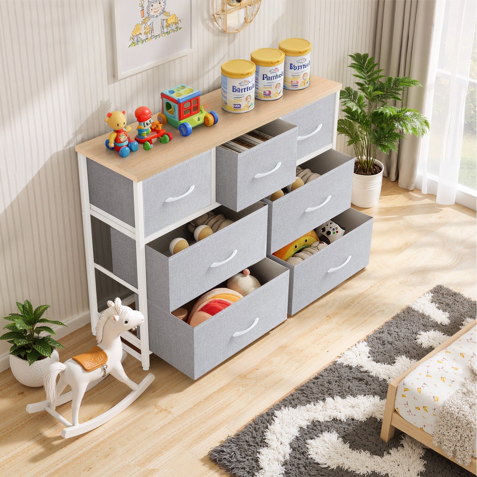 Dresser, Storage Organizer with 7 Drawers for Bedroom, Chest of Drawers with Fabric Bins, Sturdy Metal Frame, Wood Tabletop for Guest Room, Closet, Entryway, Nursery, Black