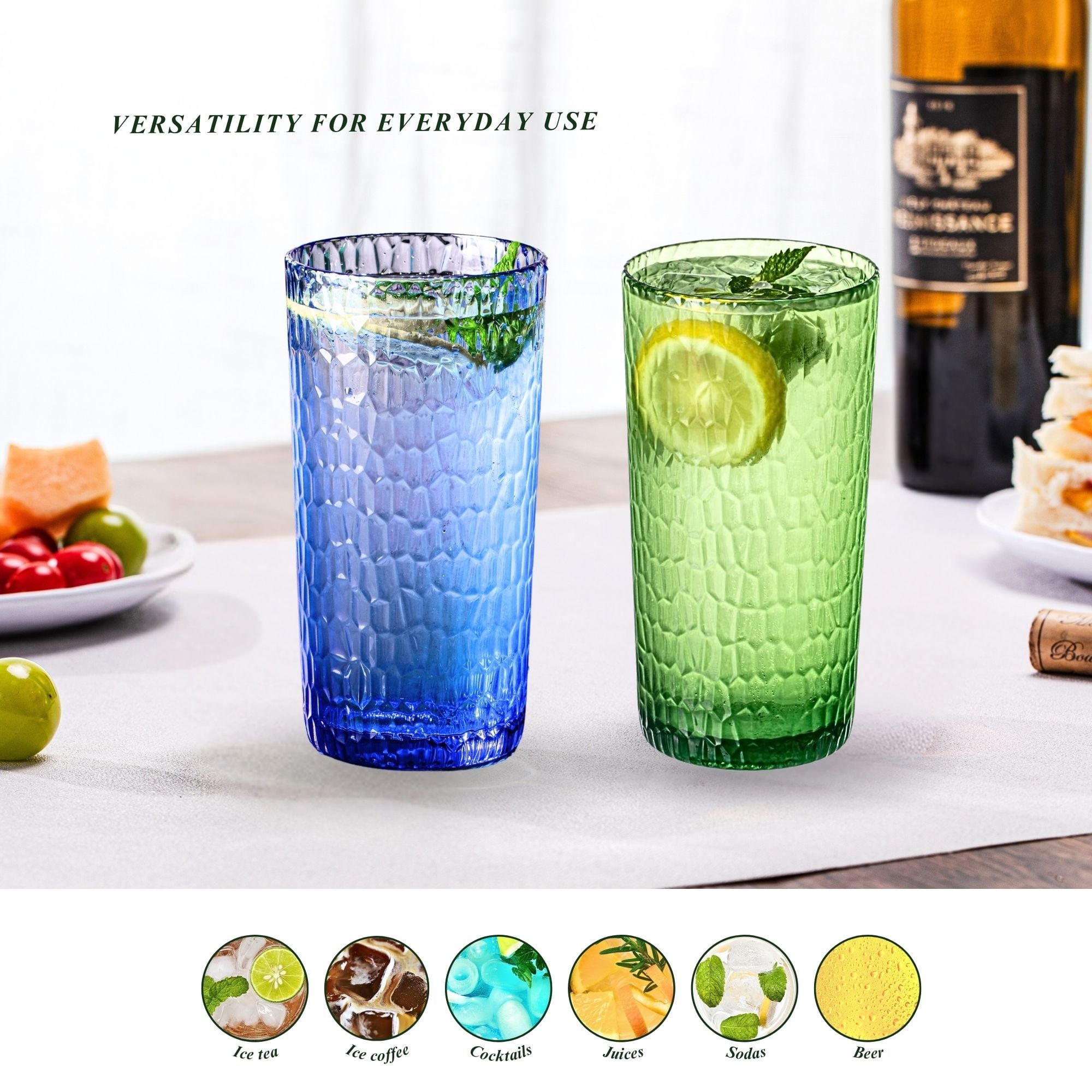 22oz Blue Acrylic Glasses Drinkware (Set of 6), Honeycomb Shatter-Proof Plastic Tumblers