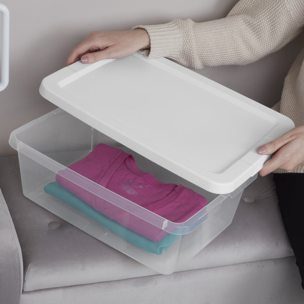 Set of (4) 12 Quart Storage Bins, Clear Plastic Storage Bin with Snap-on Lid, White