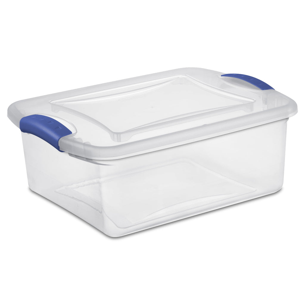 15 Quart Small Latching Storage Bin, Clear Plastic Storage Container with Latch Lid, Blue
