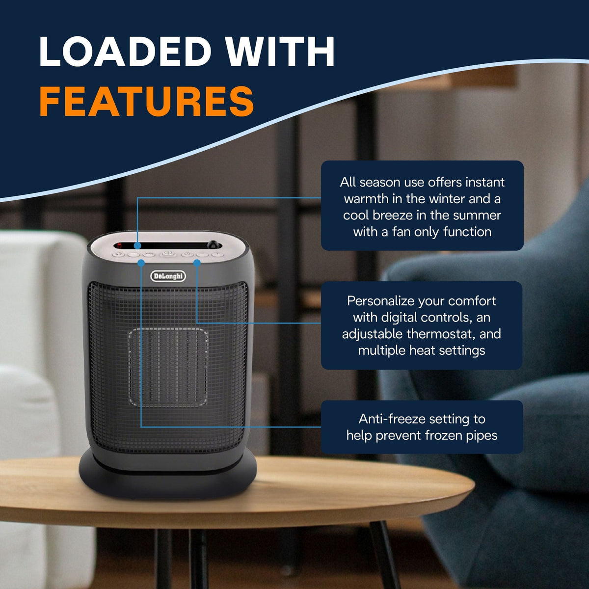 DeLonghi HFX42T15GI Oscillating Compact Ceramic Space Heater, 1500W, Grey