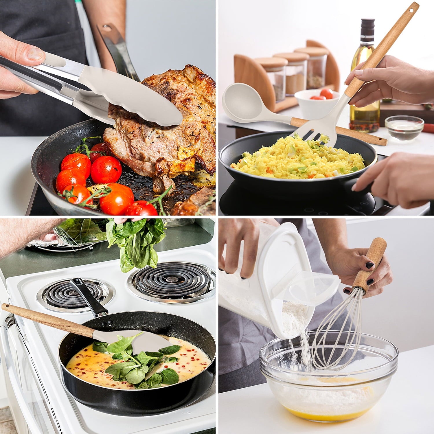 12-Piece Silicone Kitchen Cooking Utensils Set with Holder, Wooden Handle Utensils for Cooking, Kitchen Tools Include Spatula Turner Spoons Soup Ladle Tong Whisk, Black
