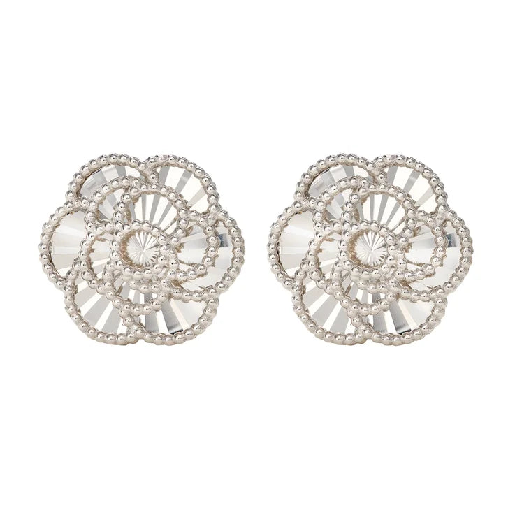 Diamond Cut Textured Flower Stud Earrings in White Gold