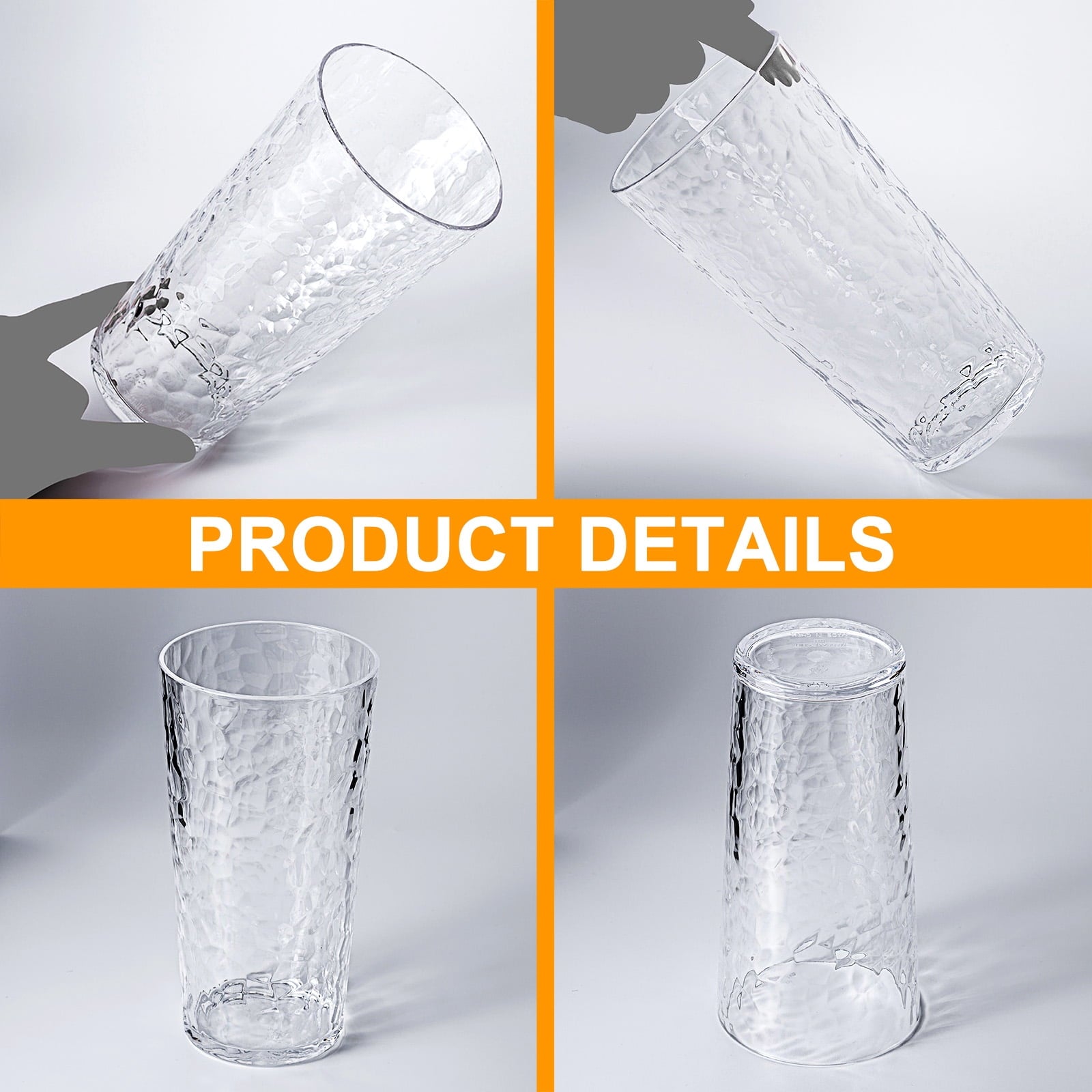 Hammered 24 ounce Plastic Drinking Tumbler Acrylic Glasses, Set of 8 Multicolor