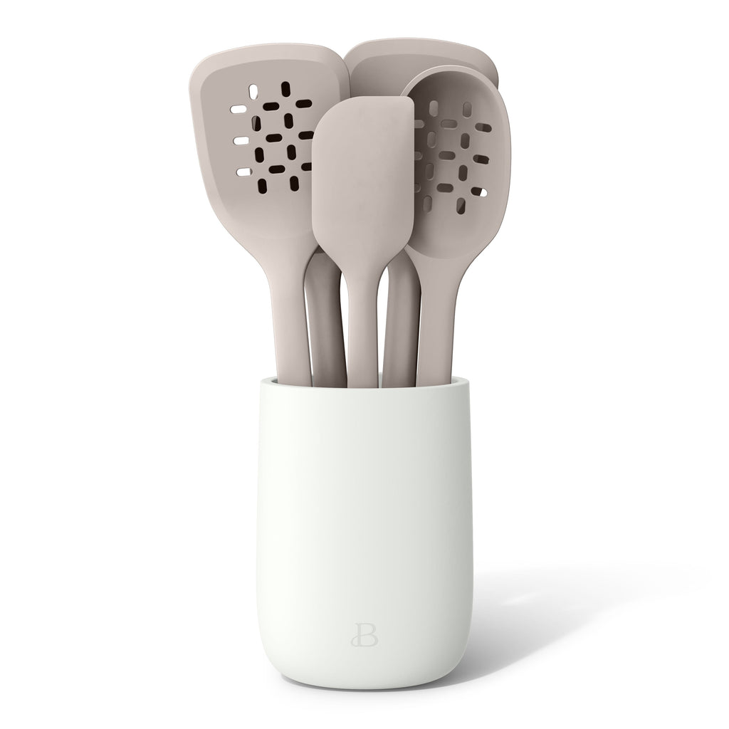 6-Piece Silicone Tool Set with Ceramic Crock, Porcini Taupe by Drew Barrymore