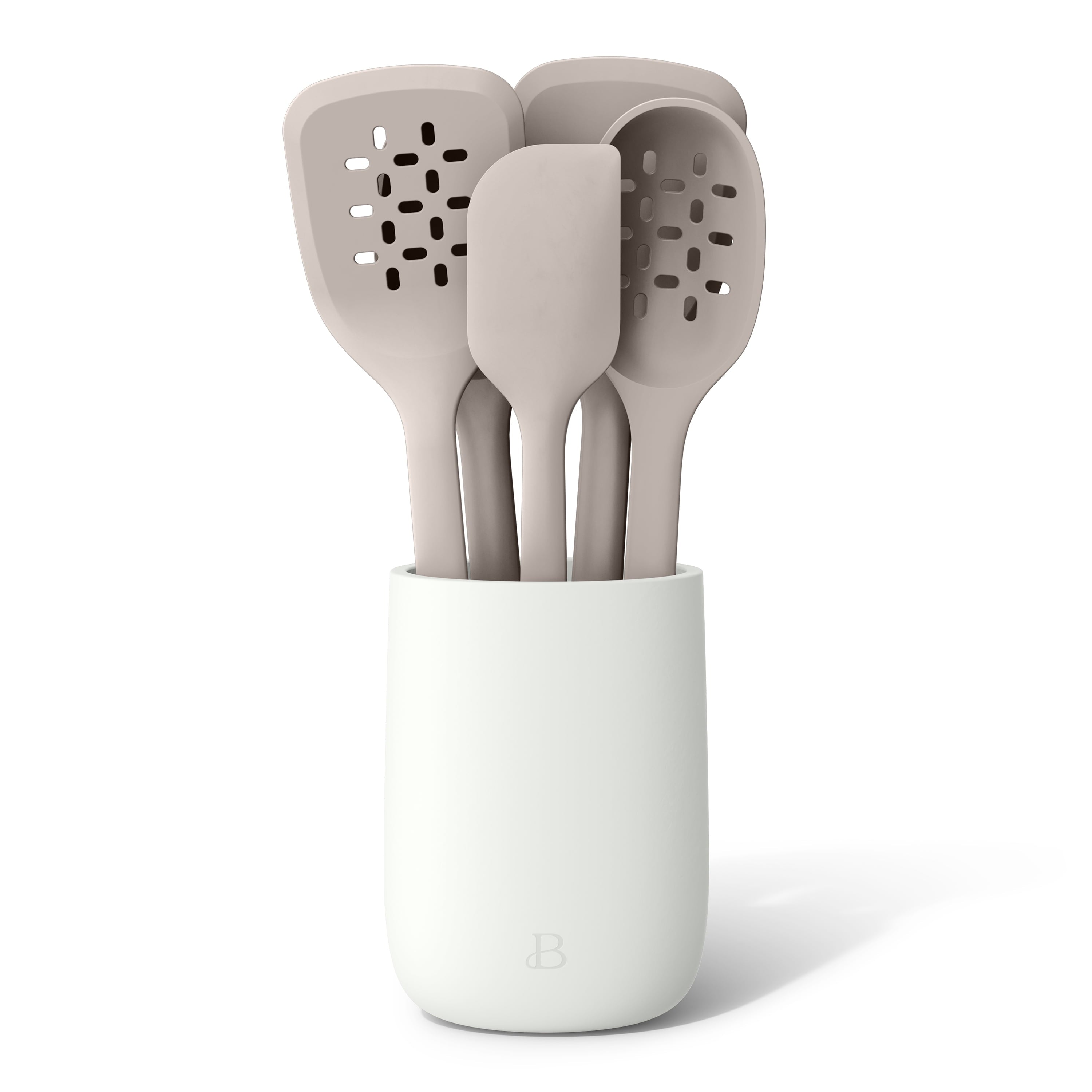 6-Piece Silicone Tool Set with Ceramic Crock, Porcini Taupe by Drew Barrymore