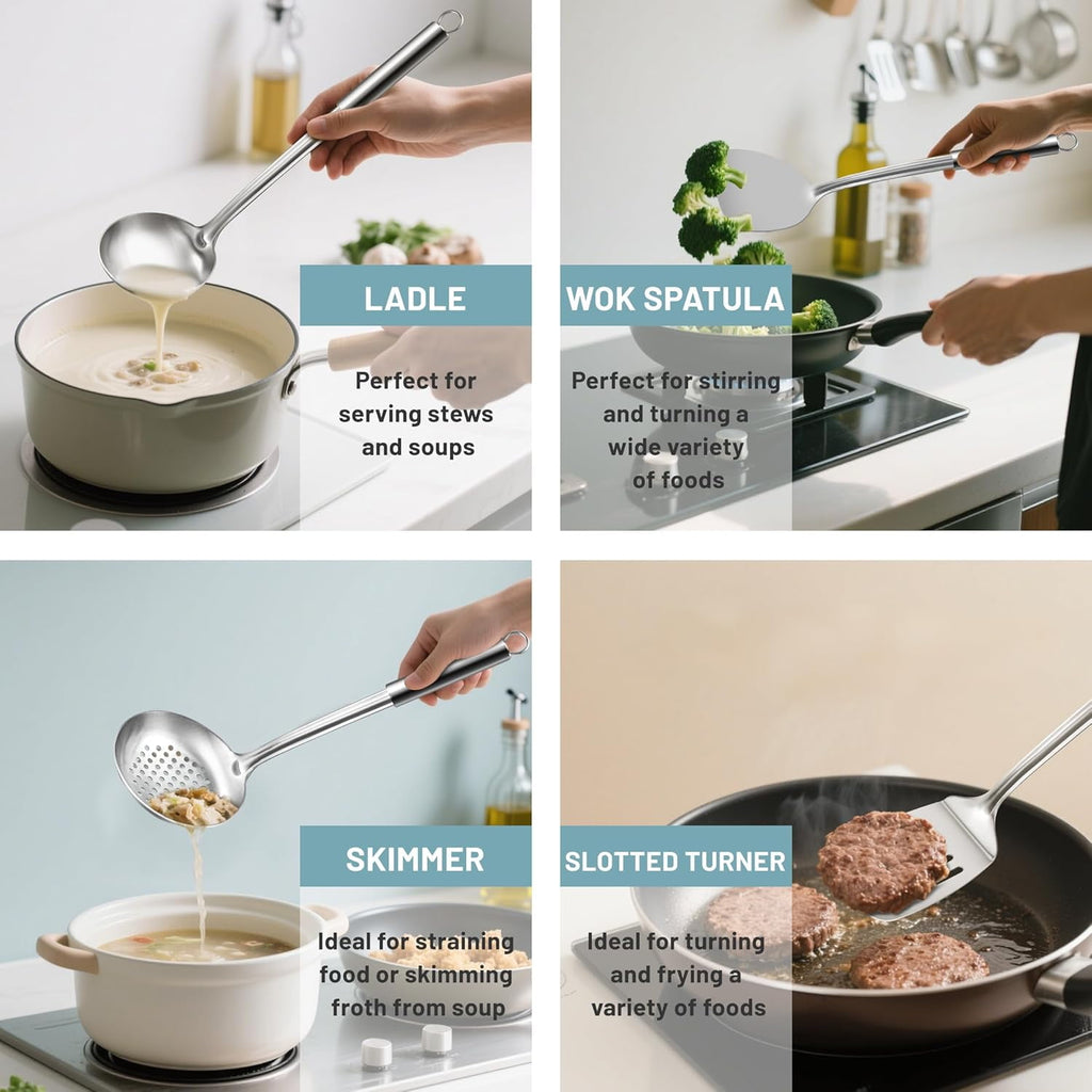 Cooking Utensils Set, 9 Pcs Stainless Steel Kitchen Utensils Set, Kitchen Tools Set, Spatula Sets w Utensil Holder, Wok Spatula,Ladle,Egg Whisk,Non-Stick And ,